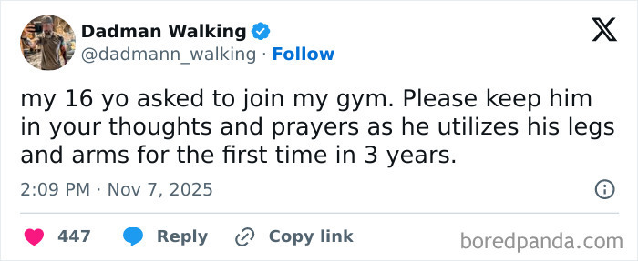 Screenshot of a parenting tweet about a 16-year-old using his legs and arms for the first time in three years.