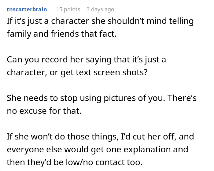 Comment discussing sister lying about her on TikTok and advice on handling family believing false claims about her.