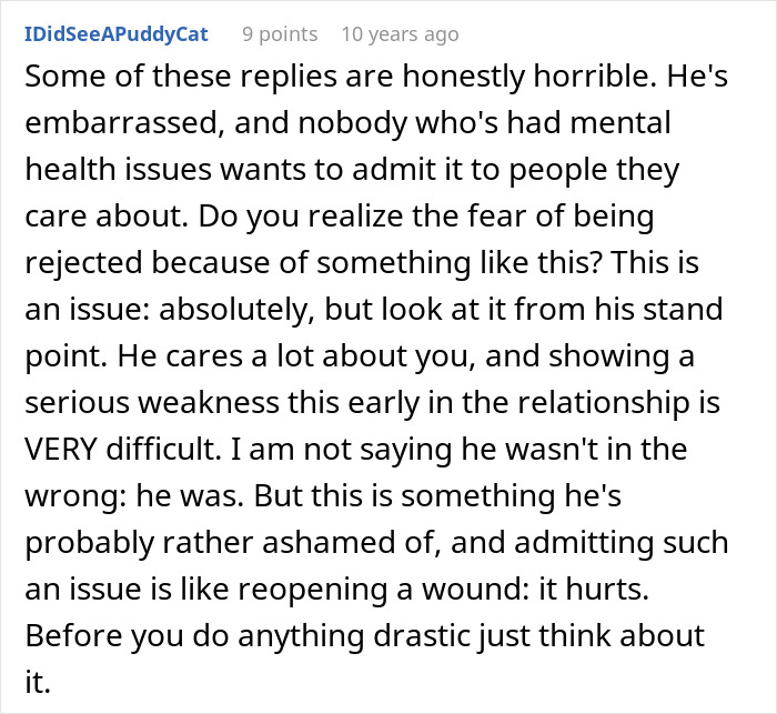 Comment explaining a boyfriend built their entire relationship on lies due to fear of losing her and mental health struggles.