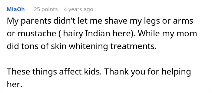 Comment about parents not allowing shaving while using skin whitening treatments, related to aunt pay niece tummy tuck drama discussion.