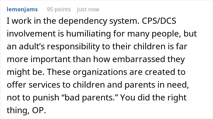 Screenshot of a Reddit comment explaining the importance of CPS involvement despite feelings of guilt after reporting a coworker’s child.