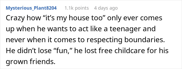 Comment on boys nights at their house about respecting boundaries and women shutting down friends overrunning space