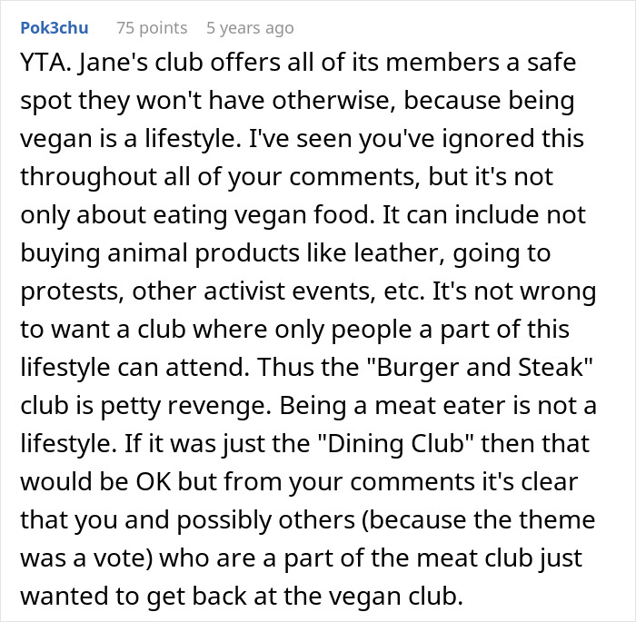 User comment discussing employee pushback against vegan-only club and starting literal beef in the workplace conflict.