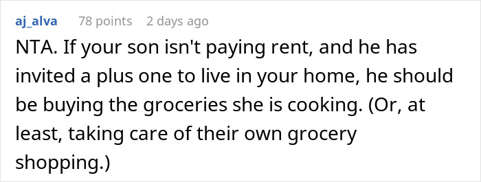 Screenshot of a comment discussing a mom accused of embarrassing son&rsquo;s girlfriend who offered to cook meals for them.