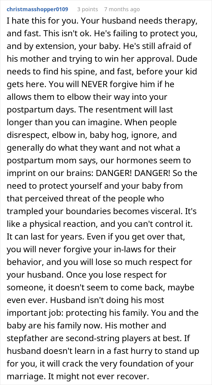 Comment text discussing husband&rsquo;s failure to stand up to his mother, causing wife to consider walking away from marriage.