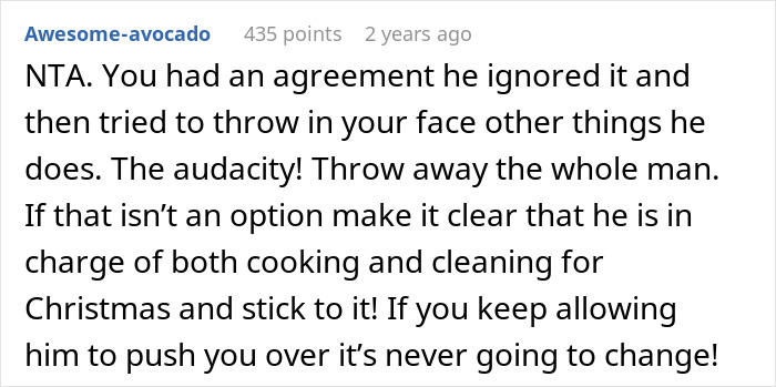 Commenter advises standing firm after hubby backs out of deal to help clean up after Thanksgiving meal.