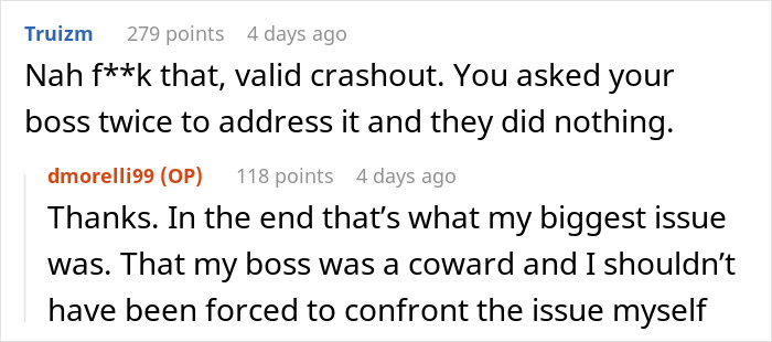 Screenshot of a Reddit conversation about a man blasting Christmas music in the office causing coworker to rage quit. Screenshot of a Reddit conversation about a man blasting Christmas music in the office causing coworker to rage quit.