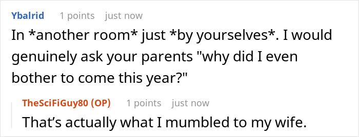 Online discussion where a son expresses annoyance about being placed at overflow table during Thanksgiving with friends at main table.