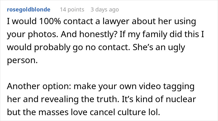 Comment discussing legal action and family issues after sister builds TikTok fame by lying about her.