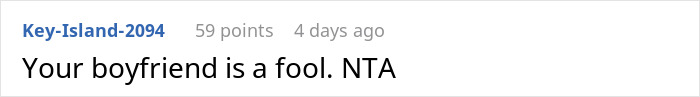 Screenshot of an online comment stating Your boyfriend is a fool NTA, relating to woman rethinking engagement after fianc&eacute;&rsquo;s family lie.