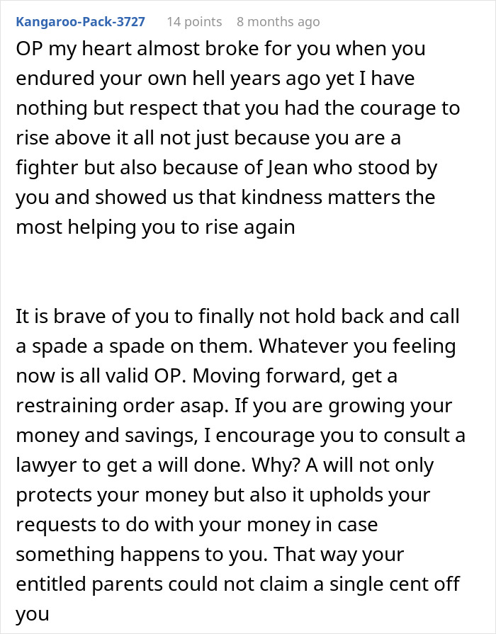 Comment about family stalking a disowned man, expressing sympathy, advice on restraining orders and legal protection of savings.