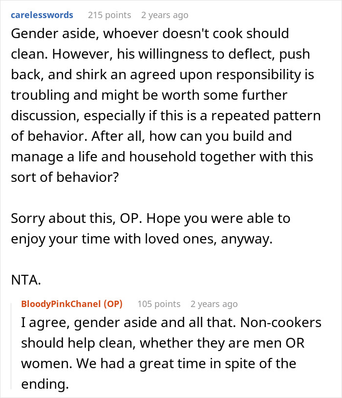 Commenters discuss hubby backing out of cleaning after Thanksgiving meal and the importance of shared household responsibilities.