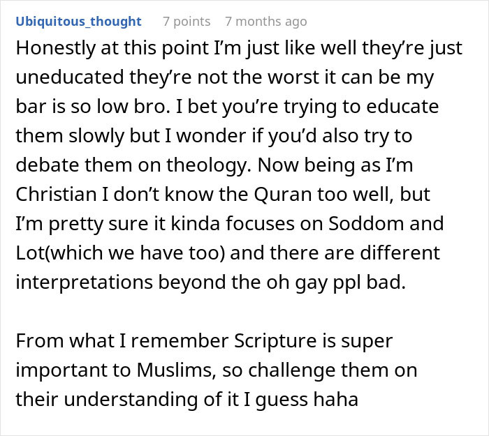 Comment discussing educating homophobic parents and debating theology from the perspective of a secretly gay teen.