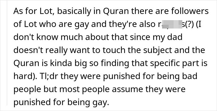 Text excerpt explaining Quranic followers of Lot, addressing secretly gay teen and homophobic parents with a lesson on respect.