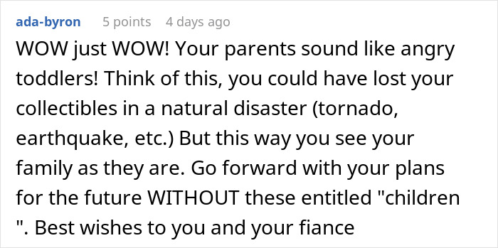 Screenshot of a comment discussing a man cutting off parents after their revenge due to his plans for a small wedding. Screenshot of a comment discussing a man cutting off parents after their revenge due to his plans for a small wedding.