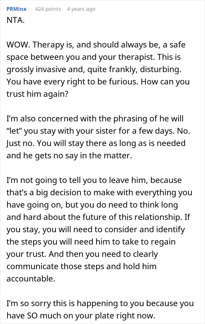 Comment text about a man recording his wife’s private therapy sessions out of concern, causing trust and privacy issues.