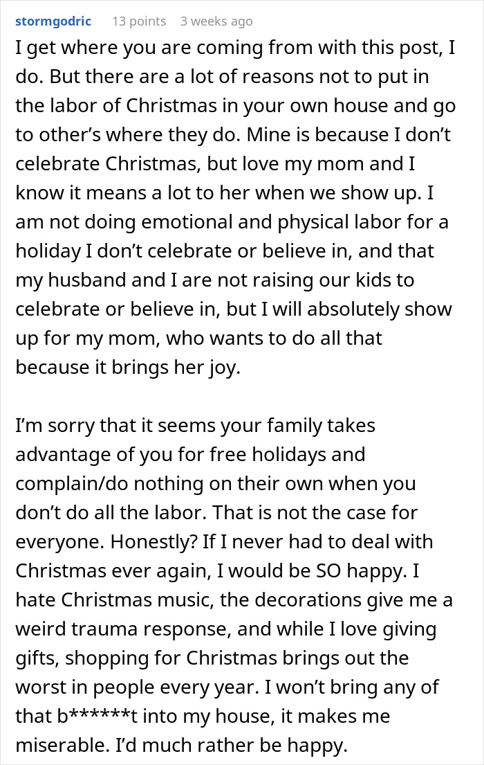 Commenter explains choosing not to do emotional or physical labor for Christmas despite loving their mom, addressing feminism and holiday labor.