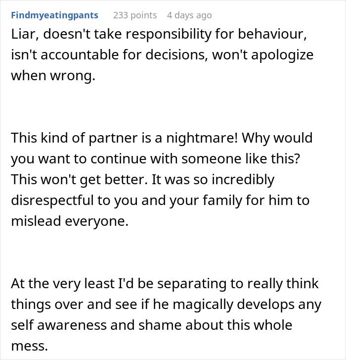 Text conversation criticizing a fianc&eacute;&rsquo;s lie about family, highlighting issues with trust and engagement doubts.