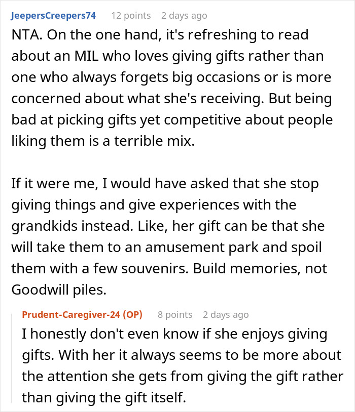 Screenshot of online discussion about grandma turning Christmas gift-giving into a weird competition with Santa and family blocking her gifts.