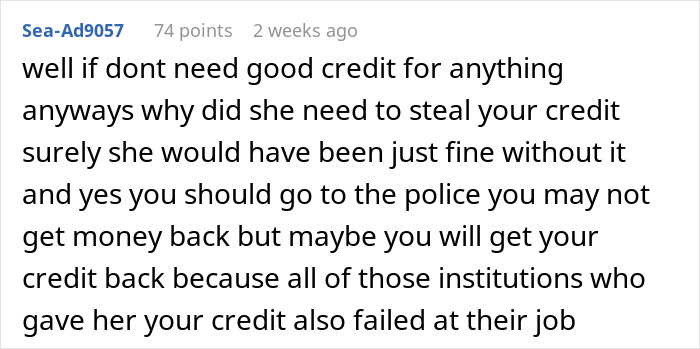 Comment discussing a mom who nuked credit score and advice to go to the police to recover lost credit.
