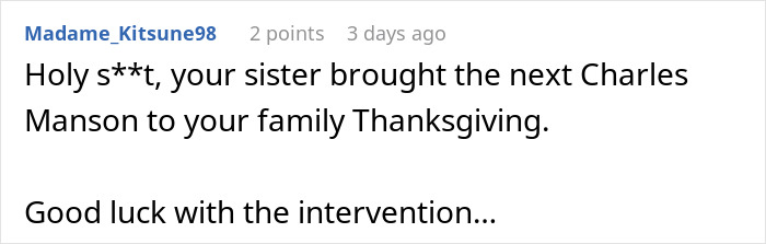 Screenshot of an online comment about a sister&rsquo;s barefoot spiritual advisor causing comical chaos at Thanksgiving dinner.