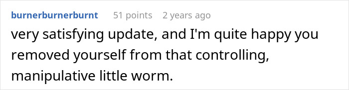 Reddit comment expressing satisfaction after a guy vents online about his girlfriend and their closet door conflict.