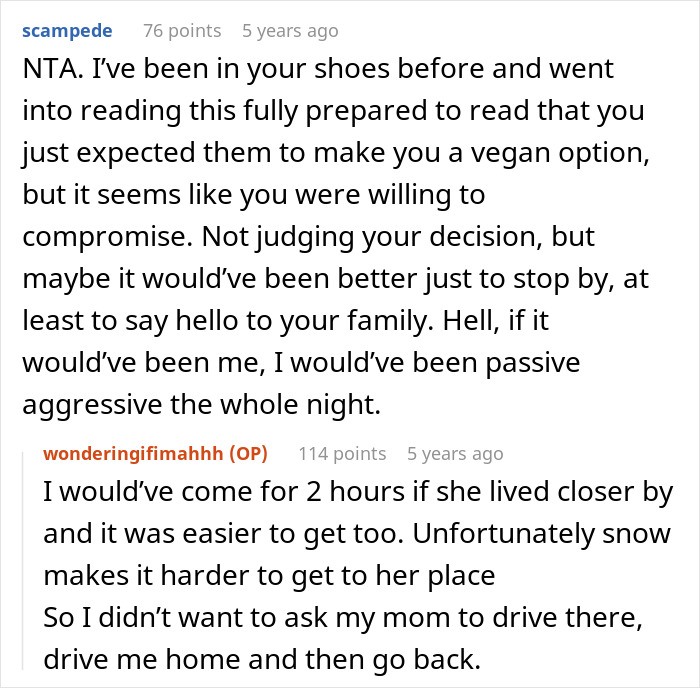 Reddit conversation about challenges and compromises when no vegan options are available for Christmas Eve dinner with family.