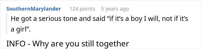 Screenshot of an online comment discussing a boyfriend’s biased love for future boys over girls in a relationship debate. Screenshot of an online comment discussing a boyfriend’s biased love for future boys over girls in a relationship debate.
