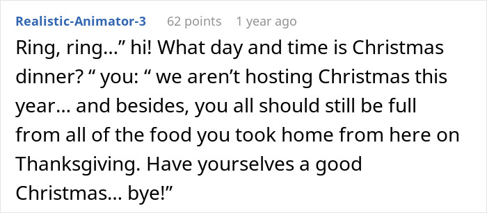 Screenshot of a social media comment about Thanksgiving host left with empty fridge after family clears leftovers.