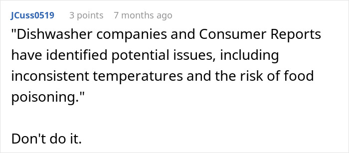 Comment warning about health risks and food poisoning from cooking food in the dishwasher shared in an online forum.