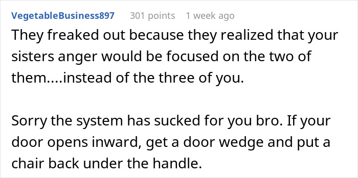 Comment discussing fear of a violent sister and advice on using a door wedge to feel safe at home.