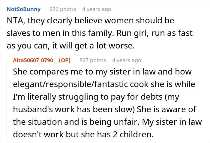 Screenshot of a Reddit conversation about a woman reheating pizza leftovers for her mother-in-law and receiving harsh criticism.