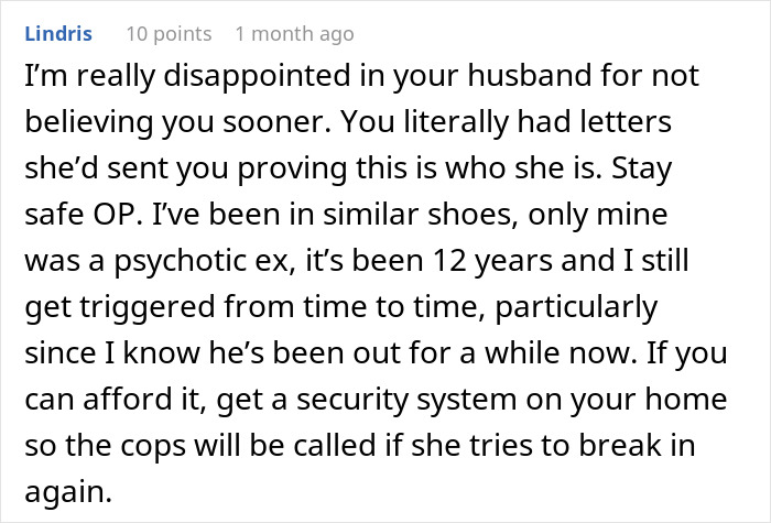 Comment on a forum discussing a woman finally taking out a restraining order against her mother-in-law after 29 years of marriage.