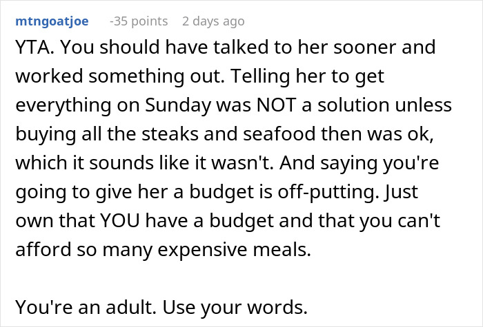Comment on mom accused of embarrassing son&rsquo;s girlfriend who offered to cook, discussing budget and meal planning conflict.