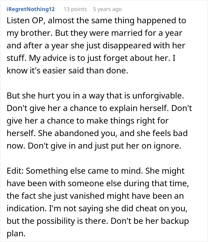 Comment advising a man left without closure after fiancé disappears before wedding and warns not to give her a chance.