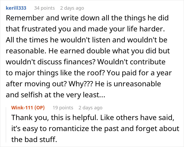 Reddit conversation highlighting a woman&rsquo;s reality check and regrets after a difficult divorce experience.