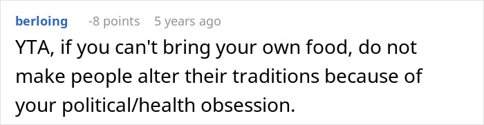 Reddit comment criticizing someone for expecting no vegan options Christmas Eve dinner and altering traditions.