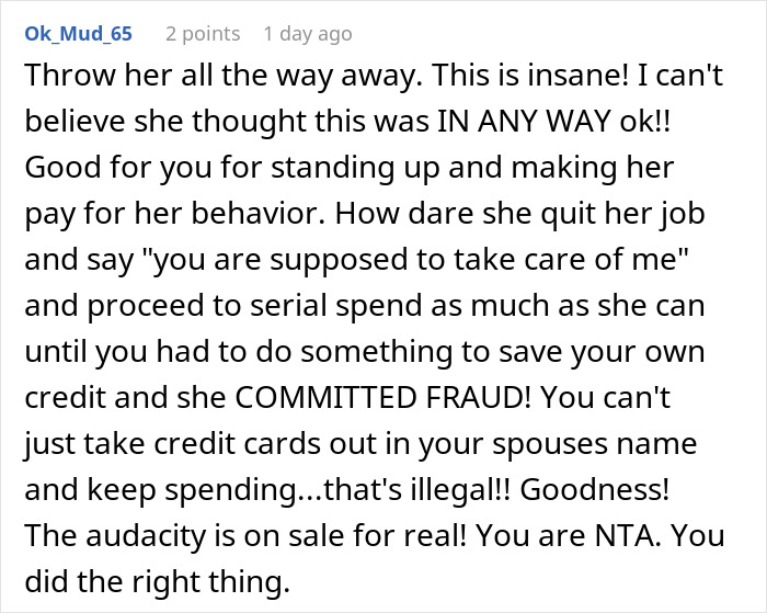 Screenshot of a Reddit comment criticizing a wife who treats her husband like an ATM, causing marriage issues.