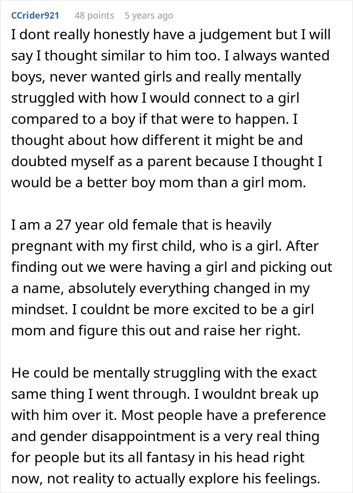 Screenshot of a Reddit comment discussing struggles with gender preference and parenting boys versus girls. Screenshot of a Reddit comment discussing struggles with gender preference and parenting boys versus girls.