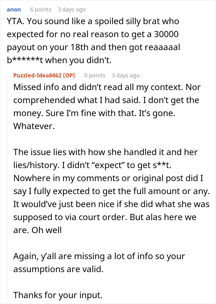 Screenshot of online discussion where a teen questions missing $30k while mom gives vague answers and faces criticism.