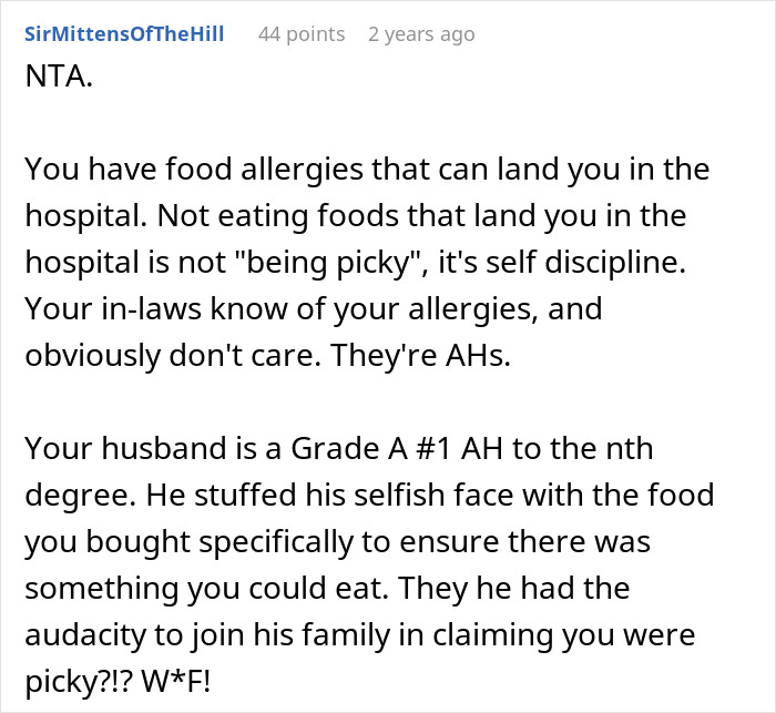 Comment explaining a husband and family call a woman picky eater despite her serious food allergies and dietary needs.