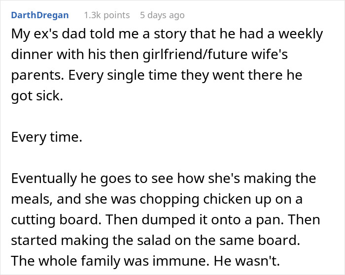 Woman loses appetite after seeing mother-in-law's unsafe chicken preparation on the same cutting board with salad.
