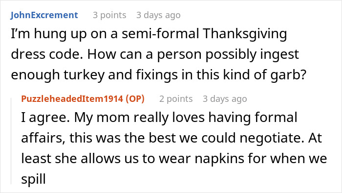 Screenshot of a Reddit conversation about Thanksgiving dress code and a barefoot spiritual advisor causing comical chaos.