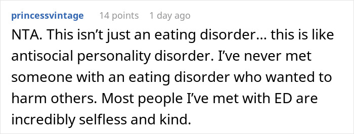 Comment discussing antisocial personality disorder and eating disorders, emphasizing selflessness and kindness.