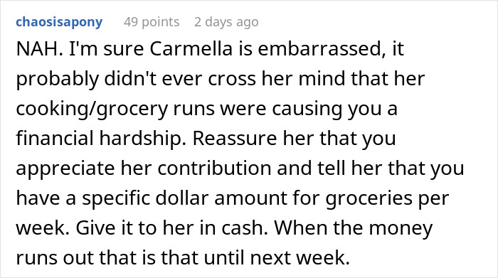 Comment discussing a mom accused of embarrassing son&rsquo;s girlfriend who offered to cook meals and help with groceries.