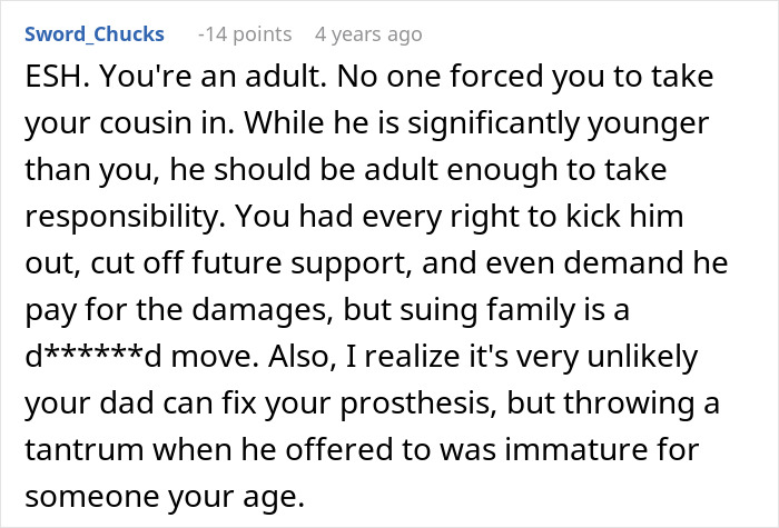 Screenshot of a Reddit comment discussing a man demanding his cousin pay for damages after a cruel prank, highlighting family conflict.