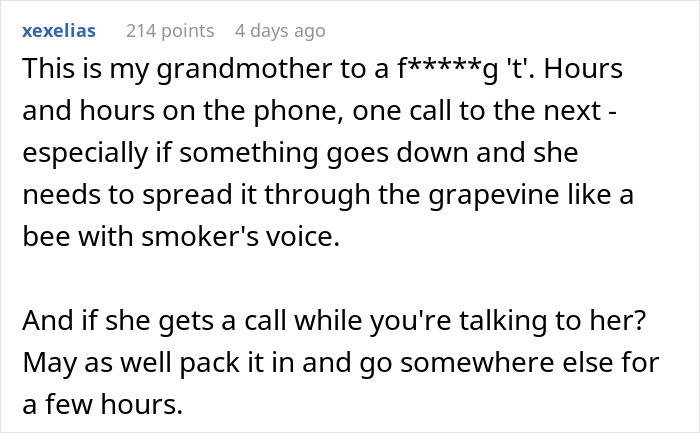 Comment describing a grandmother&rsquo;s excessive phone dependence causing family issues and frustration over constant calls.