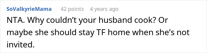 Comment from SoValkyrieMama discussing why the husband couldn&rsquo;t cook when woman reheats pizza leftovers for MIL unannounced at Xmas.