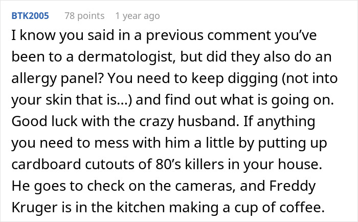Comment discussing unexplained back scratches, husband&rsquo;s trust issues, and suggestion to install CCTV at home for proof.