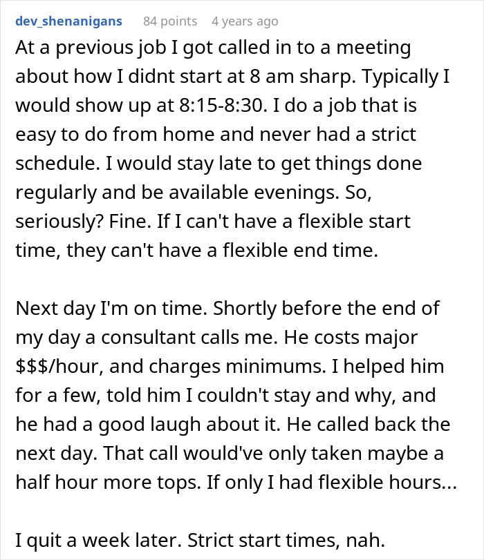 Text post about a manager enforcing strict rules on coffee shop worker leading to a backfire the next day.